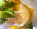 Macro photo of fresh lime and lemon slices with bubbles in the glass. Summer cold drink Royalty Free Stock Photo