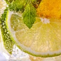 Macro photo of fresh slices of green lime, yellow lemon and mint leaf with bubbles in a glass. Summer refreshing Royalty Free Stock Photo