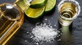macro photo glasses and bottle of tequila with sliced cactus and scattered sea salt on bla