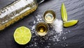 macro photo glasses and bottle of tequila with sliced lime and sprinkled sea salt on black