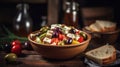 Macro Photo Greek Salad On Stone Rustic Pub. Generative AI Royalty Free Stock Photo