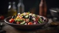 Macro Photo Greek Salad On Stone Rustic Pub. Generative AI