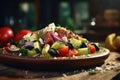 Macro Photo Greek Salad On Stone Rustic Pub