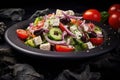 Macro Photo Greek Salad On Stone Rustic Pub