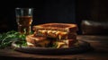 Macro Photo Grilled Cheese Sandwiches On Stone Rustic Pub. Generative AI Royalty Free Stock Photo