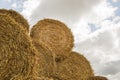 Macro photo haystack on farm. Photo landscape haystack rolls in the field Royalty Free Stock Photo