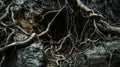 A macro photo of the intricate network of roots and tree branches exposed in the walls of a sinkhole