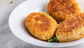 macro photo of Kiev-style cutlet in a plate on a white marble servery table