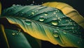 macro photo many drops of water drop on banana leaves