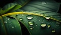 macro photo many drops of water drop on banana leaves