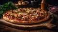 Macro Photo Meat Lovers Pizza On Stone Rustic Pub. Generative AI Royalty Free Stock Photo