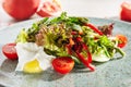 Macro Photo of mixed salad with poached egg, sliced sweet bell pepper, fresh lettuce leaves and cherry tomatoes. Restaurant starte Royalty Free Stock Photo