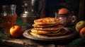 Macro Photo Mlyntsi Ukrainian Pancakes On Stone Rustic Pub Ukrainian Dishes. Generative AI Royalty Free Stock Photo
