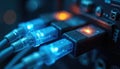 Macro photo of network cables with illuminated connectors. Tech equipment with blue and orange light. Data transfer concept. Royalty Free Stock Photo