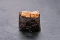 Macro photo of nigiri scallop, spicy sauce, rice, nori Royalty Free Stock Photo