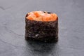 Macro photo of nigiri shrimp, cucumber, spicy sauce, rice, nori Royalty Free Stock Photo