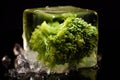 Macro Photo One Broccoli In An Ice Cube. Generative AI