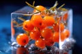 Macro Photo One Sea Buckthorn Berry In An Ice Cube. Generative AI