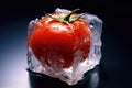 Macro Photo One Tomato In An Ice Cube. Generative AI