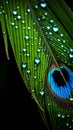 Macro photo of peacock feathers water dropped high detail photography