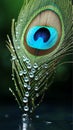 Macro photo of peacock feathers water dropped high detail photography