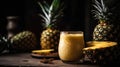 Macro Photo Pineapple Smoothie On Stone Rustic Pub. Generative AI Royalty Free Stock Photo