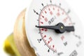 A macro photo of a pressure gauge scale to 10 BAR showing a pressure of 3 BAR, selective depth of field, isolated on a white backg Royalty Free Stock Photo