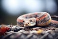 macro photo of rattlesnake skin while coiled in hunting stance