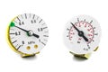 Macro photo of a scale of two pressure gauges to 10 BAR showing a pressure of 3 BAR, isolated on a white background. Royalty Free Stock Photo
