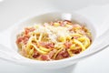 Macro Photo of Spaghetti Carbonara with Grated Parmesan and Bacon Royalty Free Stock Photo