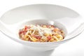 Macro Photo of Spaghetti Carbonara with Grated Parmesan and Bacon Royalty Free Stock Photo