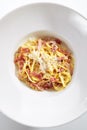 Macro Photo of Spaghetti Carbonara with Grated Parmesan and Bacon Royalty Free Stock Photo