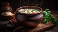 Macro Photo Tom Kha Soup On Stone Rustic Pub. Generative AI Royalty Free Stock Photo