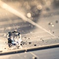Sunlit Ice Cube with Dynamic Water Splashes Royalty Free Stock Photo