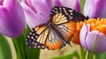 A macro photograph capturing the intricate details of a butterfly perched on a tulip