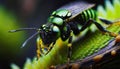 A macro photograph of a green bug