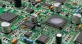 Green circuit board detail showing IC chips and parts Royalty Free Stock Photo