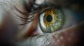 Macro photograph of a human eye in profile view. Capture the intricate details of the lens.