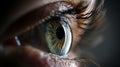Macro photograph of a human eye in profile view. Capture the intricate details of the lens.