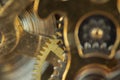 Macro photograph of the internal gears of the machine of a bronze and steel wristwatch. Selective focus