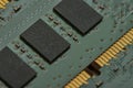 Macro close up of memory modules and micro surface mounted components on green printed circuit board with gold connector edge Royalty Free Stock Photo