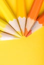 Macro photograph of several pencils of yellow and orange color on a paper background Royalty Free Stock Photo