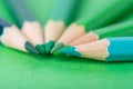 Macro photograph of several pencils of green color on a paper background Royalty Free Stock Photo