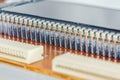 Macro photograph of soldered display connector with multiple contacts on electronic circuit board Royalty Free Stock Photo