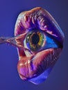 a close up of a woman s eye with a bird s beak sticking out of it