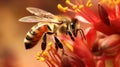 Macro photography. A bee collects honey from a flower