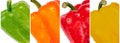 Macro photo of bell peppers of four colors, red, yellow, green and orange, isolated on white background. Fresh vegetable Royalty Free Stock Photo