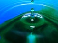 Macro photography of blue green water drop / ink drops splash and ripples, wet, conceptual for environmental, conservation, droug