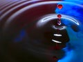 Macro photography, blue and red water drop / ink drops splash and ripples, wet, conceptual art, environmental, conservation. Royalty Free Stock Photo