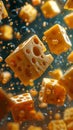 Organism falling into a liquid, closeup shot of cheese cubes